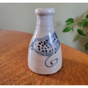 Studio Pottery Stoneware Vase Blue Gray Bird 5"